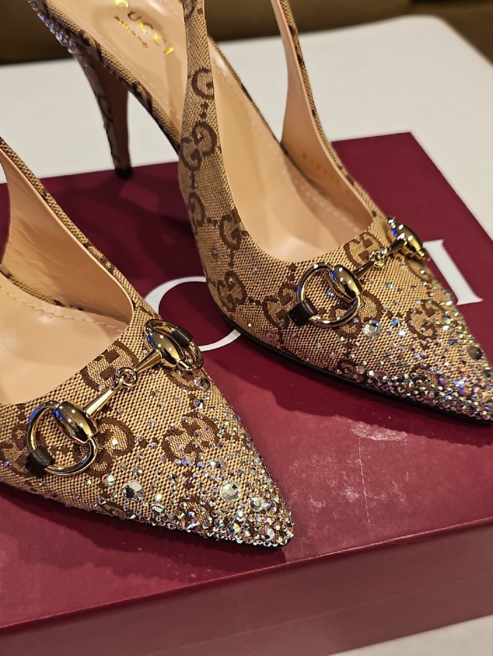 Gucci Beige GG Canvas Slingback Pointed Toe Crystal Heels - Picture 2 of 7